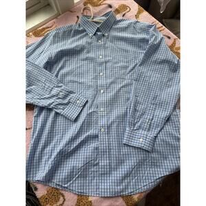 L.L.Bean Mens Large Blue Gingham Check Long Sleeve Shirt Wrinkle Resistant EUC